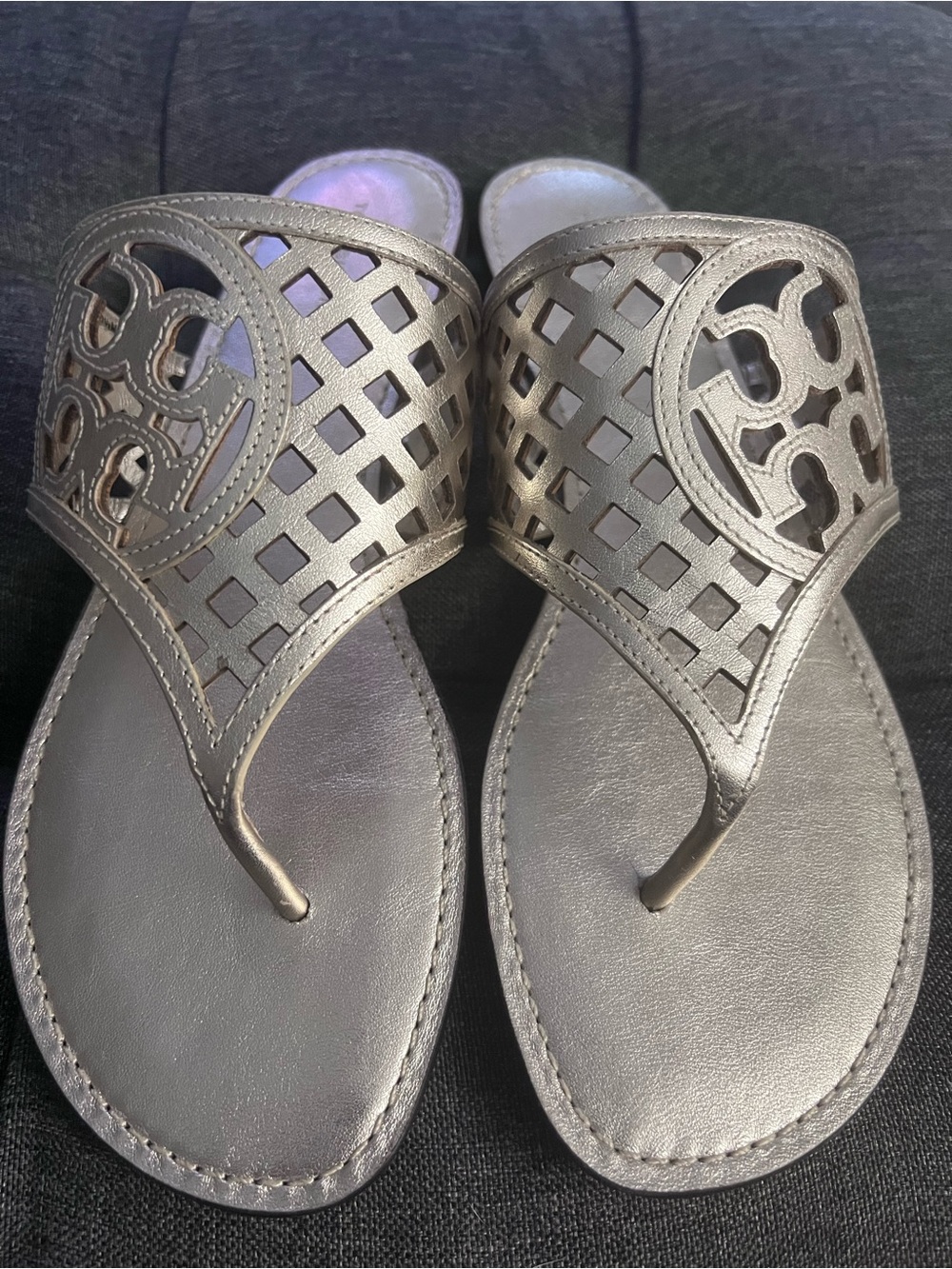 Tory Burch Metallic Gold Logo Cutout Thong Sandals